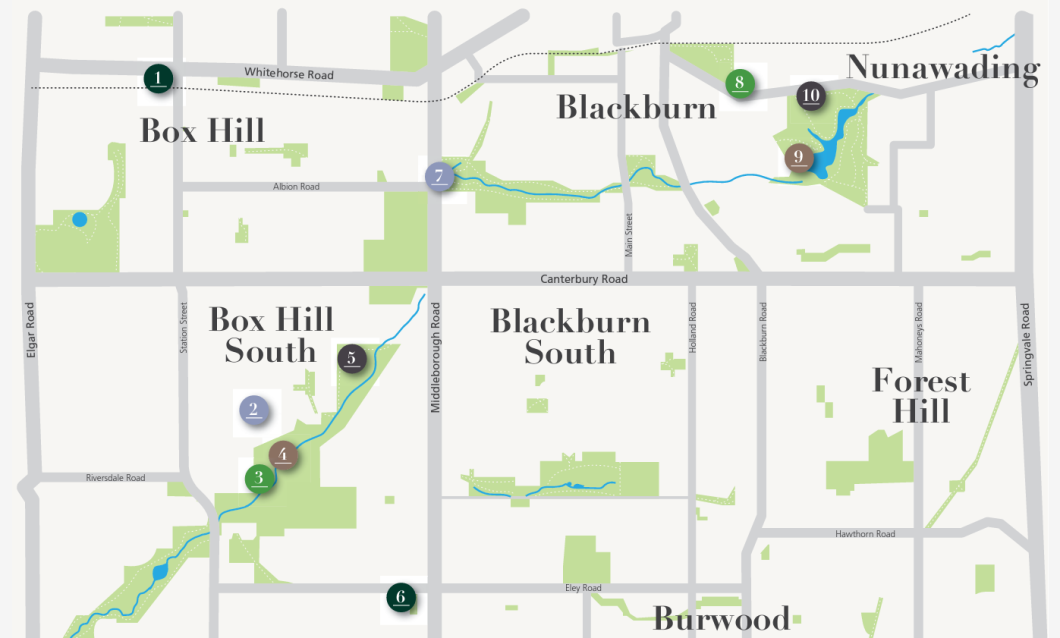 A map dictating the Artist's trail through Box Hill to Blackburn