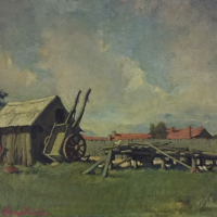 painting of wooden shed against a cloudy blue sky 