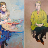Two oil painting portraits. Left, women sitting at table. Right, women sitting in a chair 