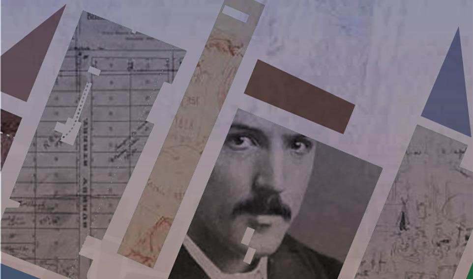 Graphic of old maps and old black and white photo of man