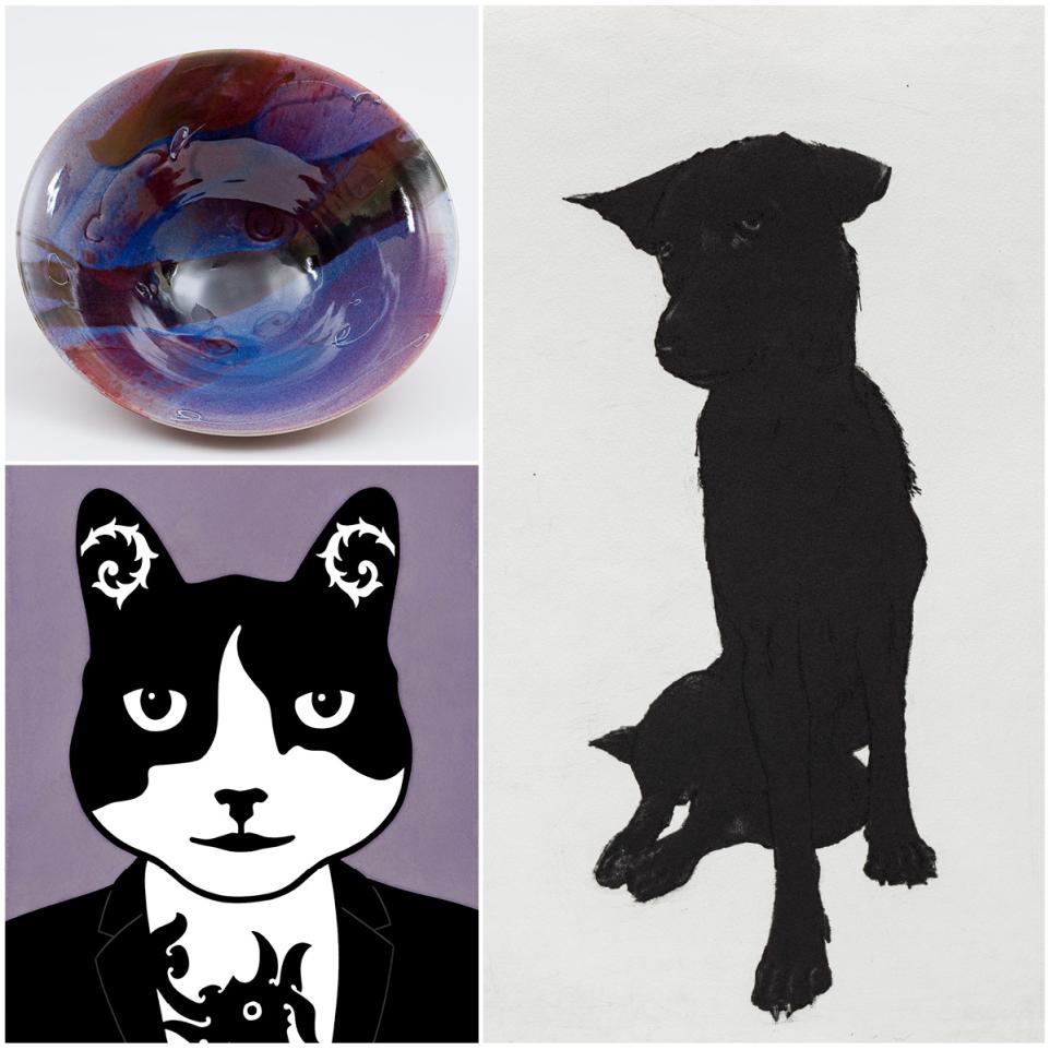 A design of three artists works featuring a ceramic bowl, a dog and a hybrid cat