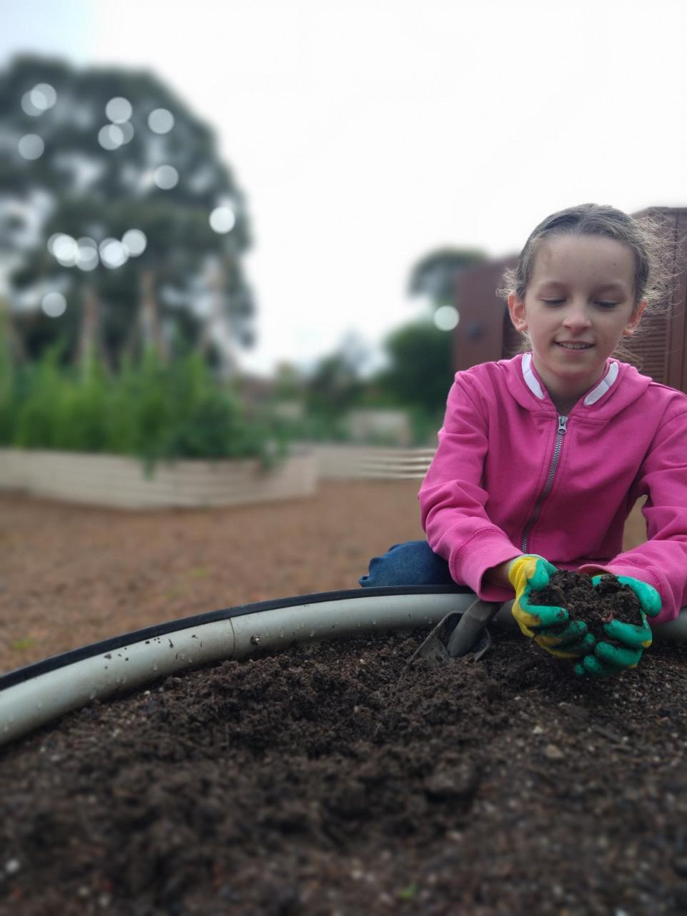 Image of a young girl picking up dirt from a planter box