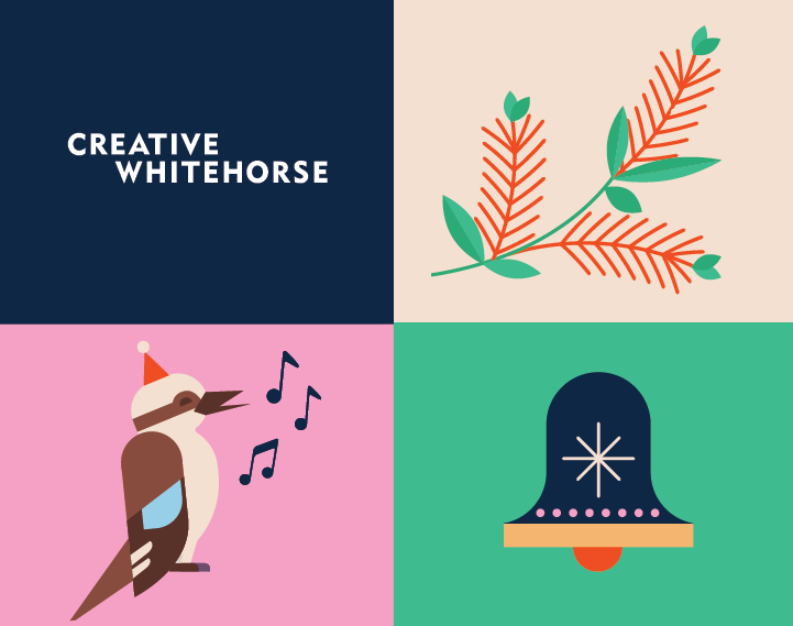 Graphic representing seasonal Australian festive items: banksia, a bell, a singing kookaburra with a Christmas hat on