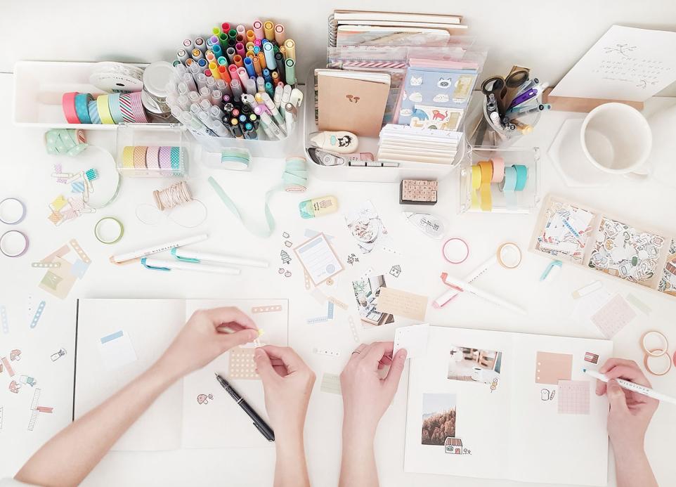 Creative Journaling set up of materials at desk  