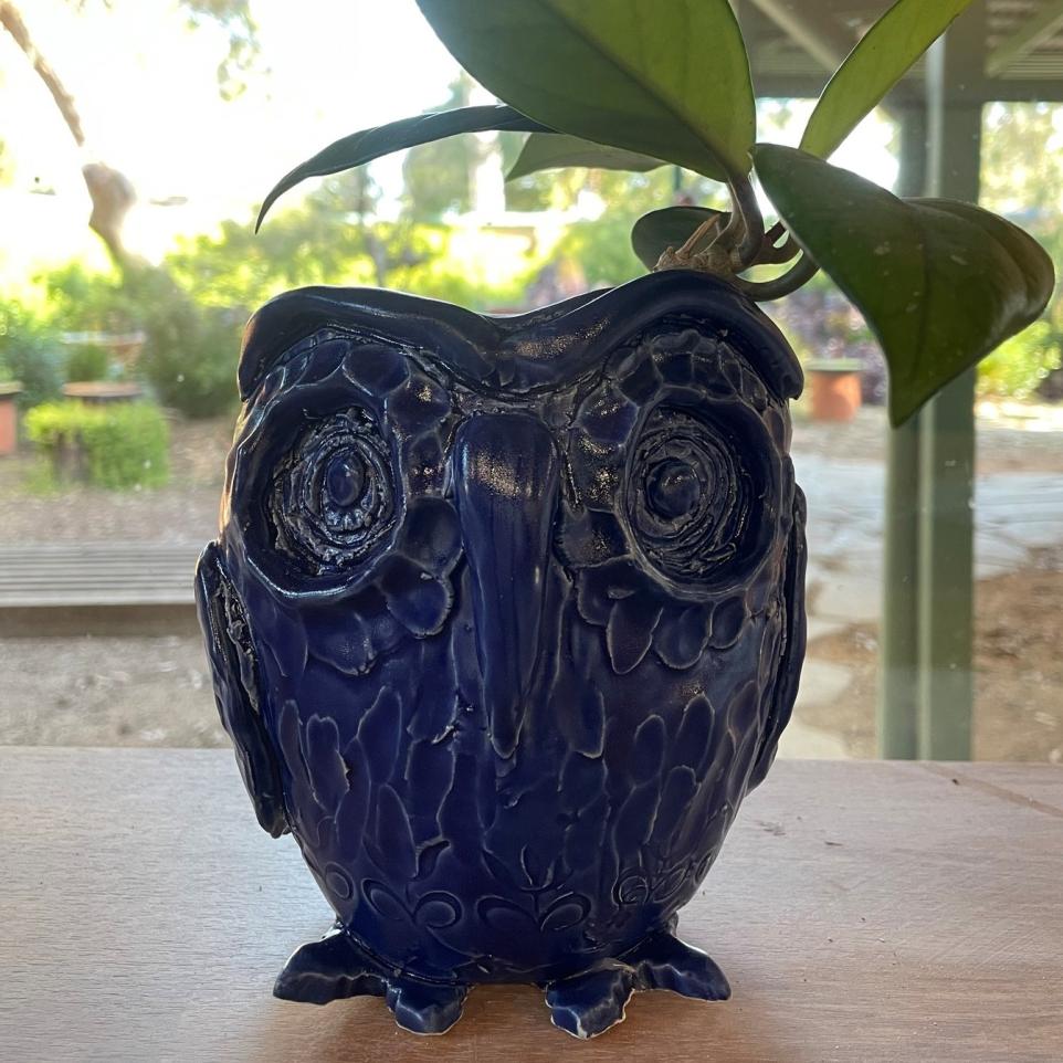 Owl planter pot with blue glaze