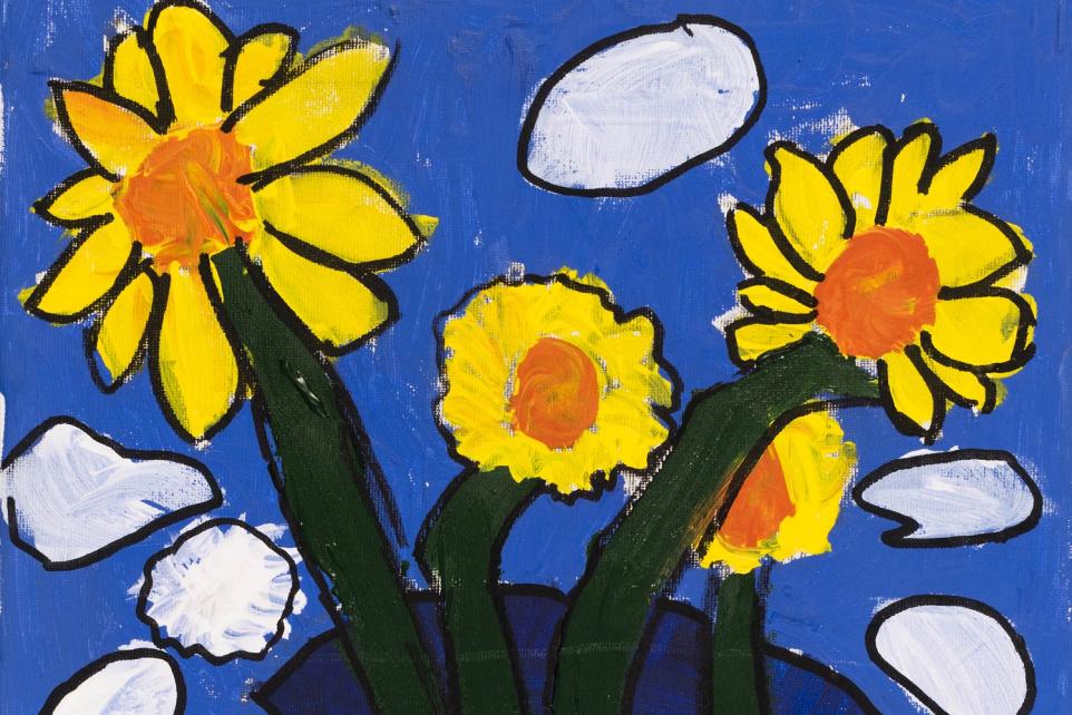 Painting of yellow flowers on blue background