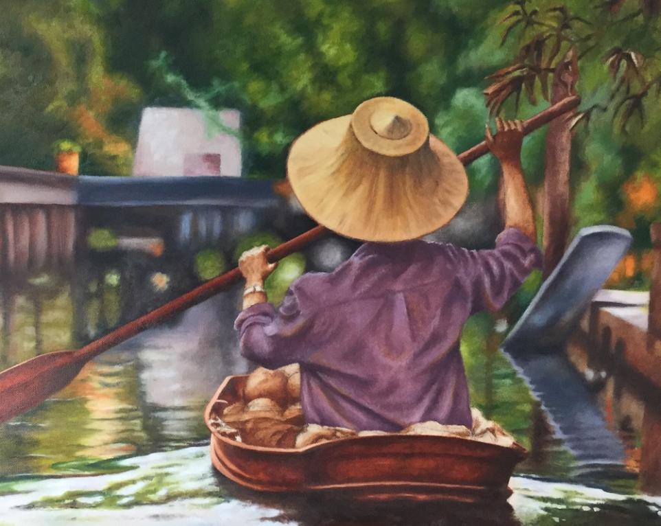 Painting of person in boat paddling on water