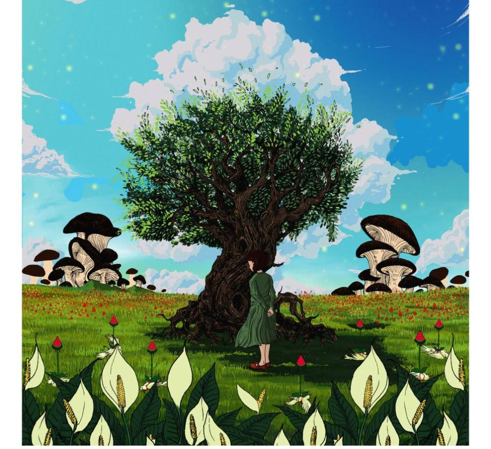 Artist rendering of a girl standing under a tree, large mushrooms in the background