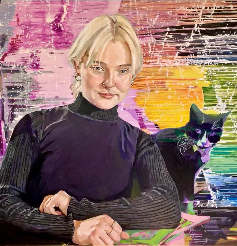 Artist rendering of a blond-haired woman with a black cat