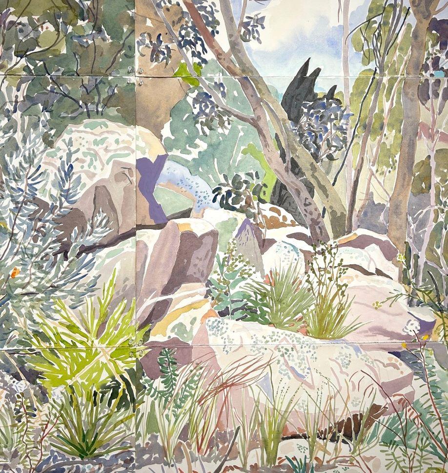 Artist painted landscape with rocks and vegetation