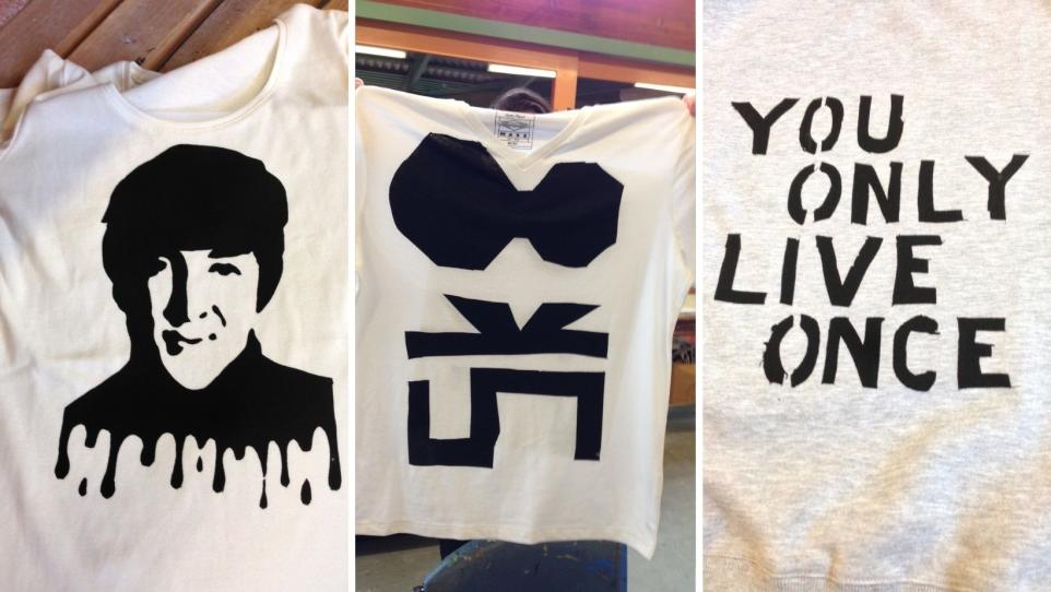 Screen printing black ink on fabric various designs 
