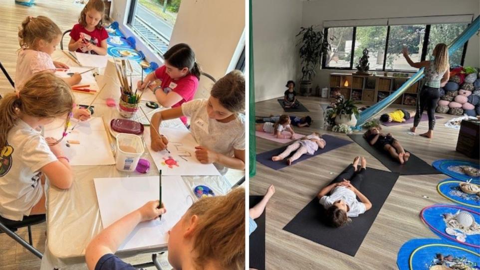 children participating in yoga and art class 