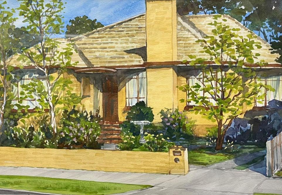 Watercolour painting of a brick veneer house painted yellow