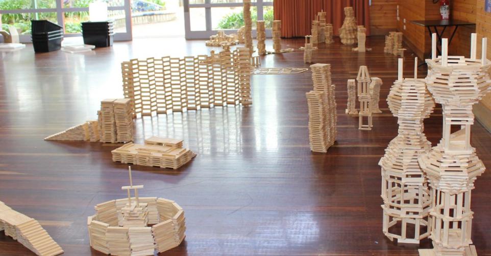 planks building blocks structures in arbour hall at Box Hill Community Arts Centre