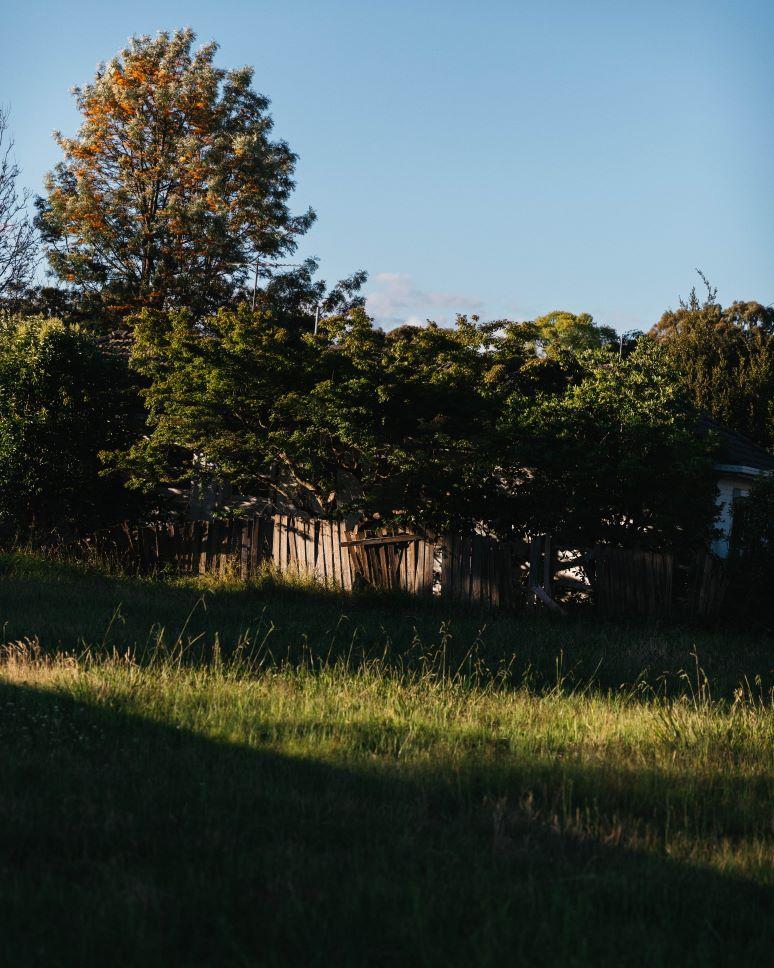 Artist photograph of a falling down fence in a suburban lot