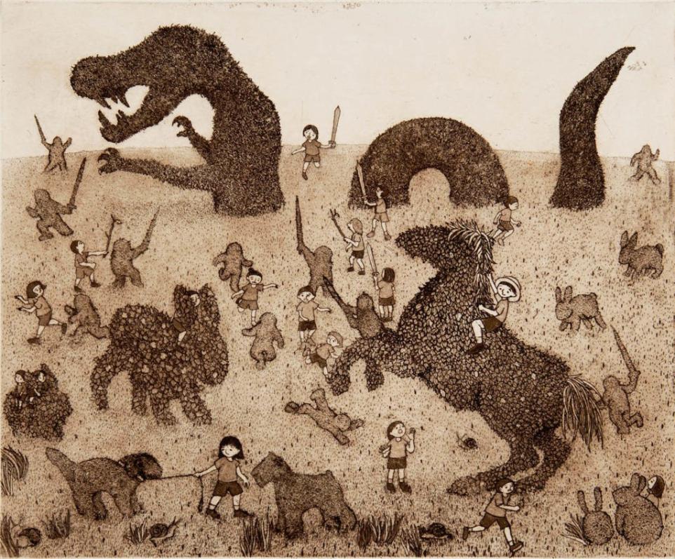 Artist rendering of a dragon and children playing together in a field