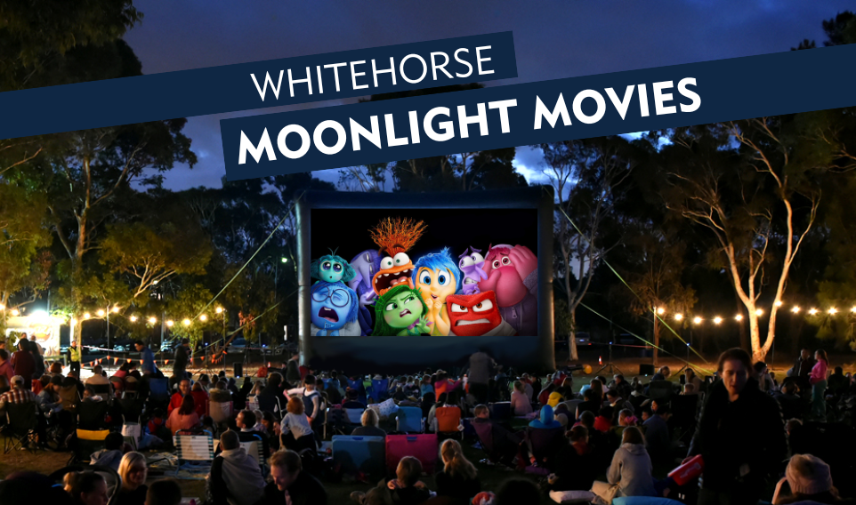 movie screen displaying animated Inside Out characters with text advertising the movie night 