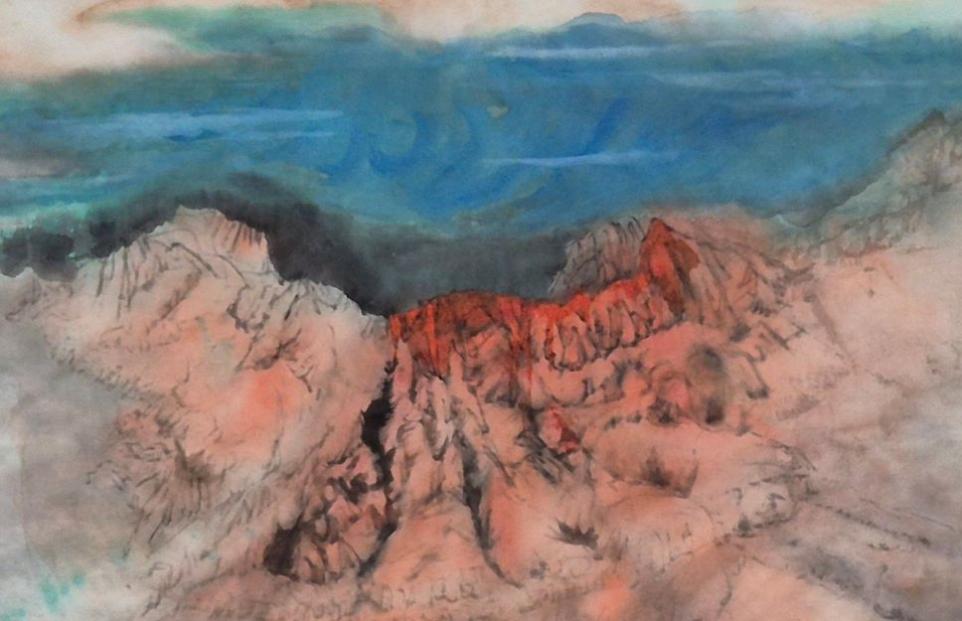 ink wash rendering of red mountains with blue sky overhead