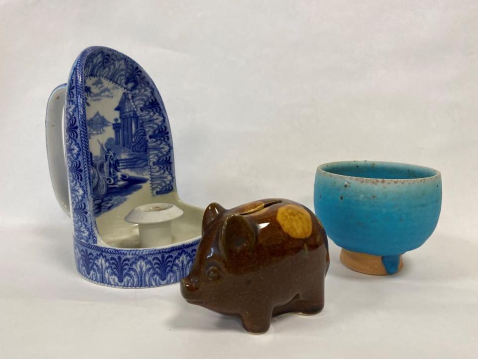 Ceramic candle holder, piggy bank and Japanese tea bowl