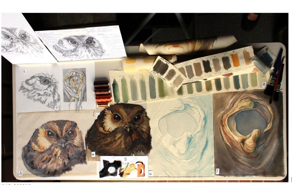Showcase with workings of an owl textile 