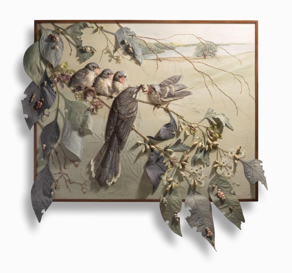 Textile depicting family of fantail birds