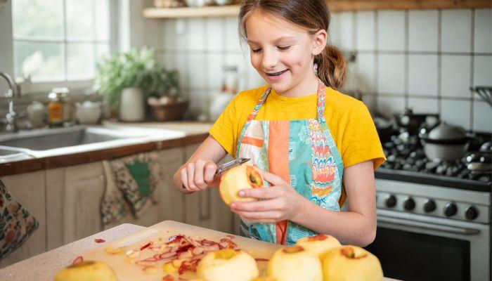 Child peeling apple in kids cooking workshop 