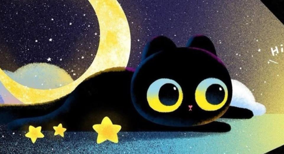 Digital image of a black cat in cosmic moon setting 