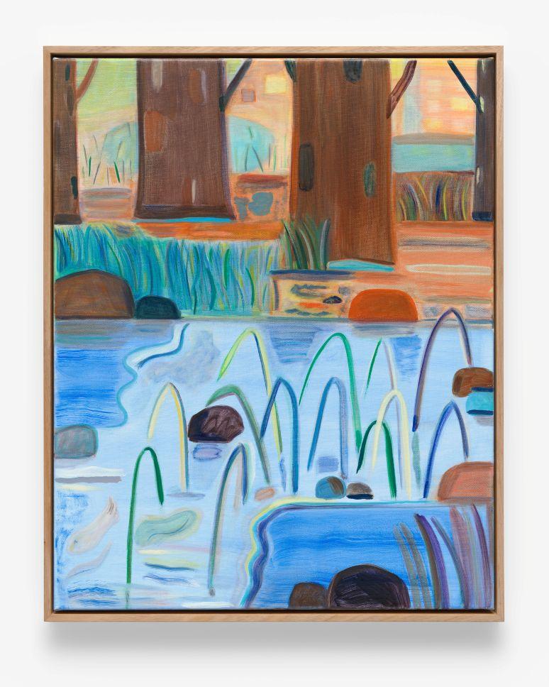 Artist rendering of creek in foreground with fish, trees on the bank in the background