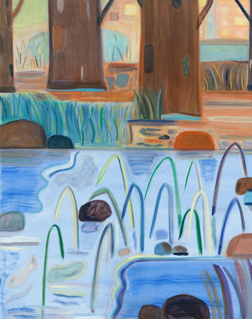 Artist rendering of creek in foreground with fish, trees on the bank in the background