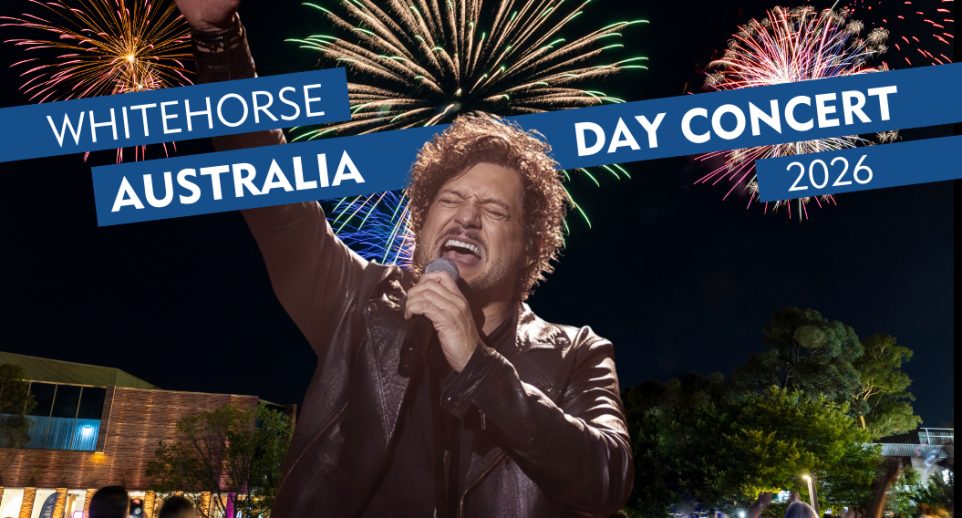 Rob Mills singing into a microphone with fireworks in the background