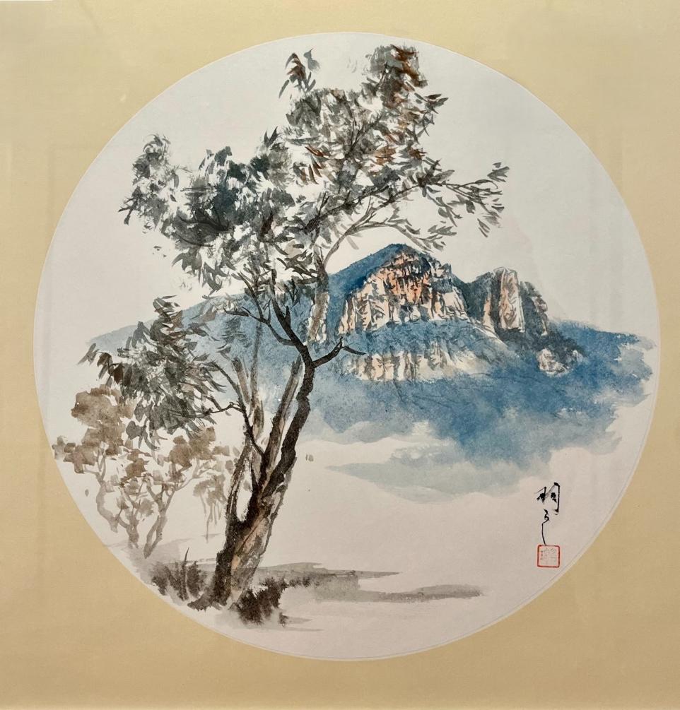 Ink painting of Mt Abrupt in background and tree in the foreground