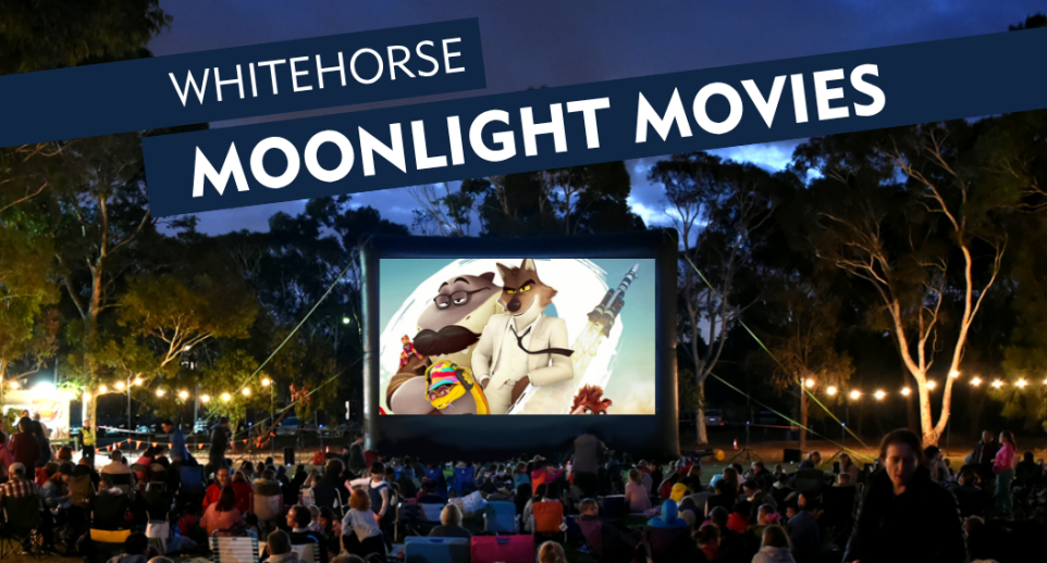 movie screen displaying animated animals with text advertising the movie night 