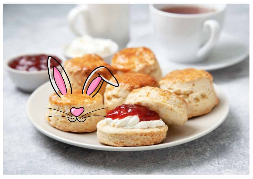 Tea and scones with bunny ears