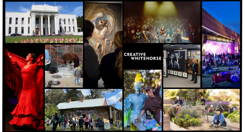 Collage of images including pictures of historic arts venues, performers in costumes, art exhibitions, pottery classes. 