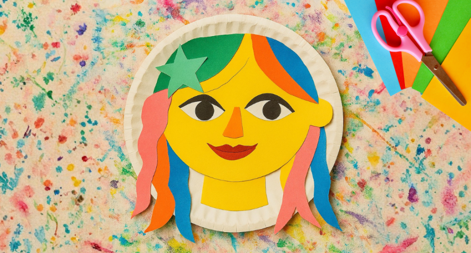 Colourful paper craft face with multicoloured hair and a green star, arranged on a paint-splattered background, with scissors and coloured paper to the side.