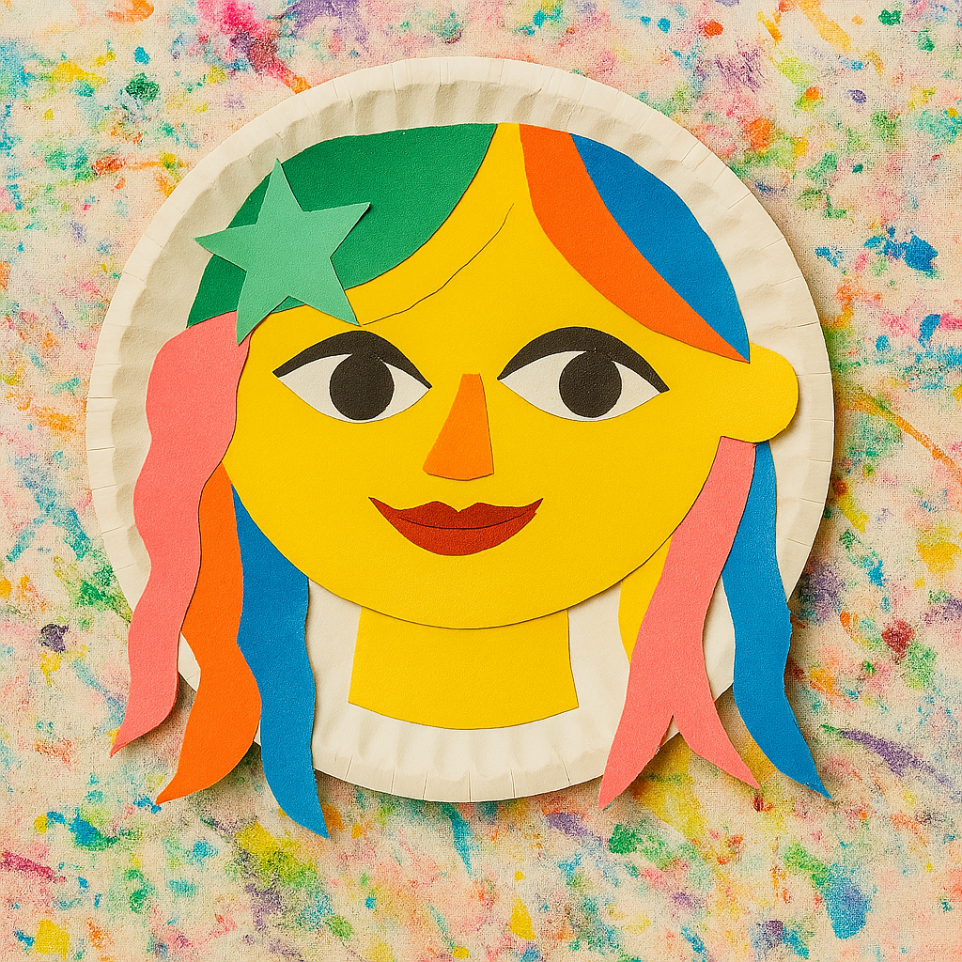 Portrait of a girl made from coloured paper.