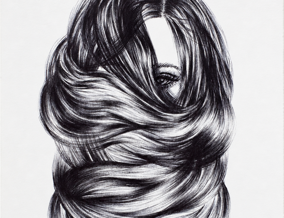 Charcoal portrait of a woman's face, obscured by her hair, with only one eye seen.