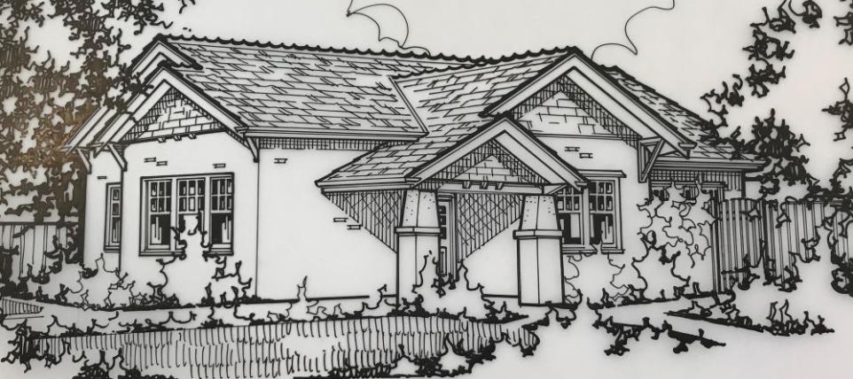 Line drawing of a suburban brick house
