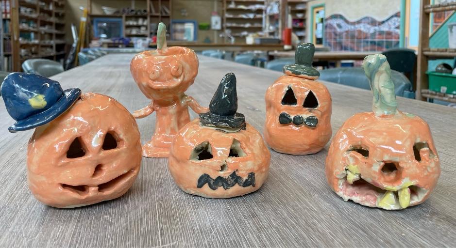 Spooky clay pumpkins Halloween at day  