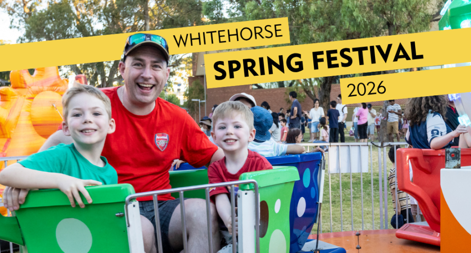 Promotional image for the Whitehorse Spring Festival 2026. Three people sit together in a colourful amusement ride in a park setting, with festival attendees, trees and event activities visible in the background. Yellow banners across the top display the text “Whitehorse Spring Festival 2026”.