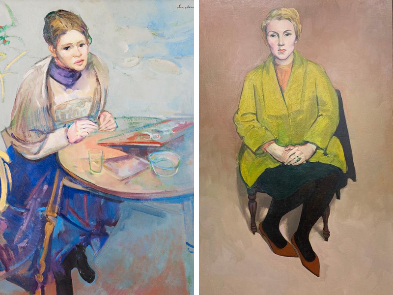 Two oil painting portraits. Left, women sitting at table. Right, women sitting in a chair 