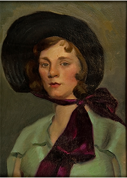 oil painting of young women with brown hair and large black bonnet