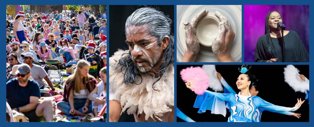 Collage of images depicting various performers, cultures, festivals and hands-on artist workshops