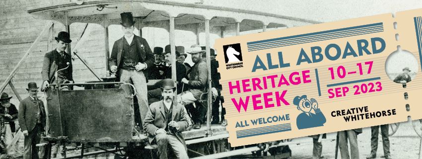 Heritage week 2023 text against a backdrop of an old black and white photo of men standing on and in an old tram
