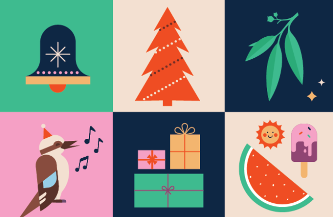 Collage of 6 graphics: a bell, a christmas tree, some leaves, a singing kookaburra, some presents and a watermelon with icy pole and sun shining
