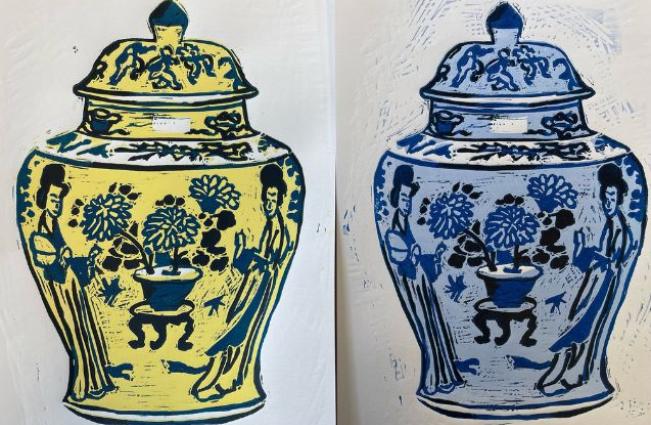 yellow vase on left and blue vase on right with drawings of women and flowers in a pot