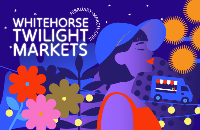 Markets logo with girl in hat, food truck and lights