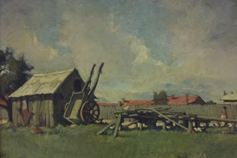 painting of wooden shed against a cloudy blue sky 