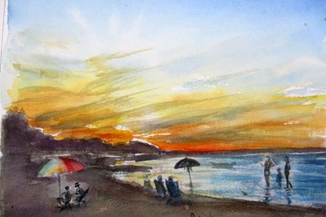 Watercolour painting summer sunset at the beach