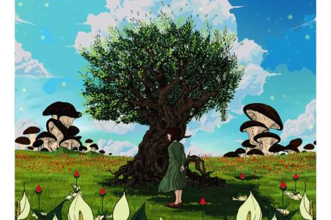 Artist rendering of a girl standing under a tree, large mushrooms in the background